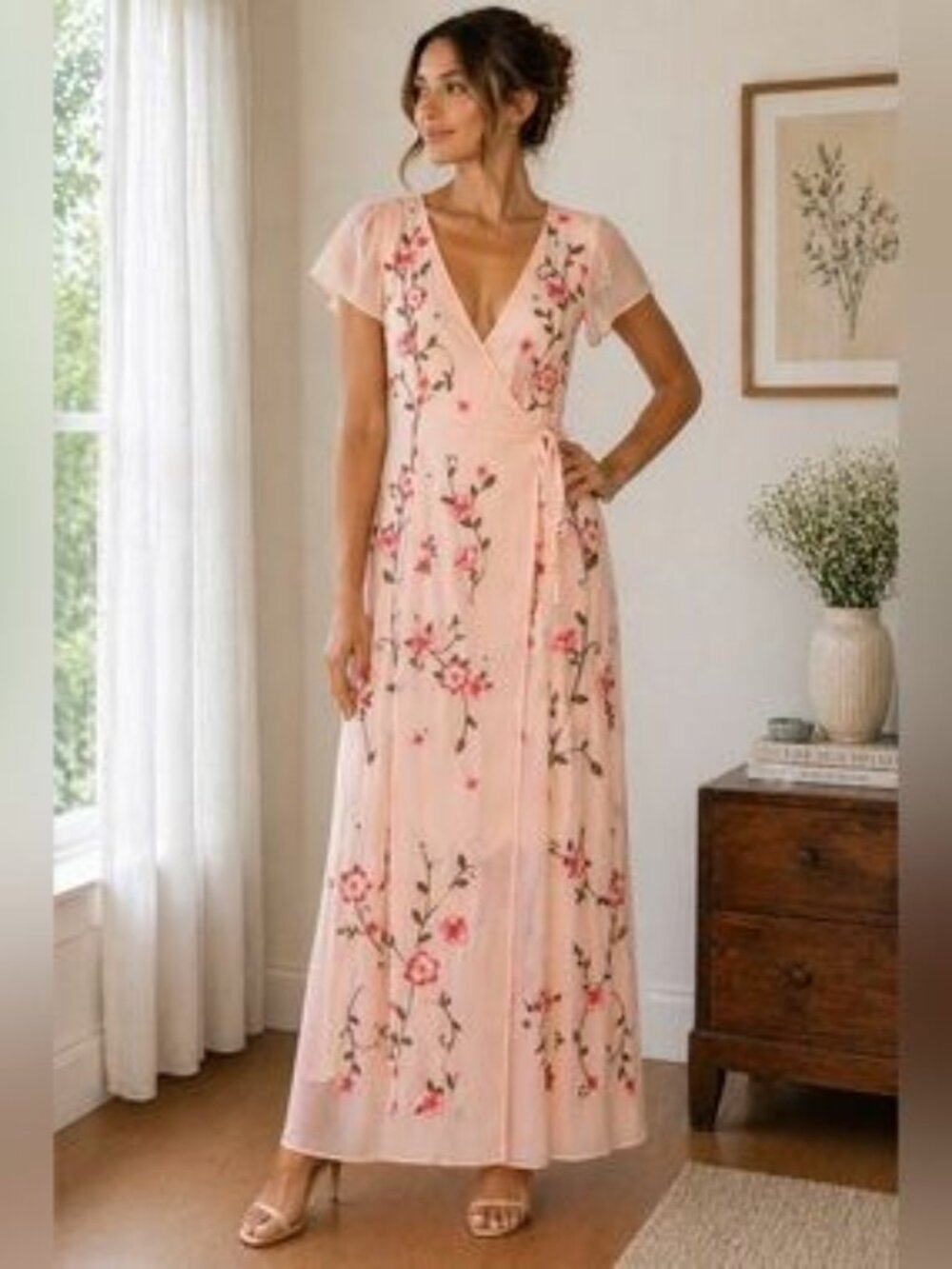 Savanna Jane Pink Floral Embroidered Flutter Sleeve Wrap Maxi Midi Dress size L